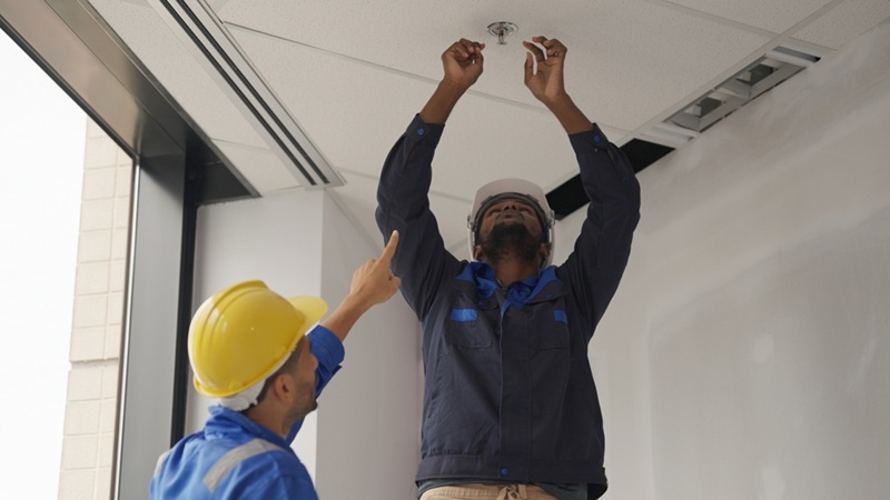 Two professionals working on a fire sprinkler system.